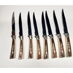 8- Regent Sheffield Bakelite Handle Steak Knives Vintage Set Leaf Cream Brown